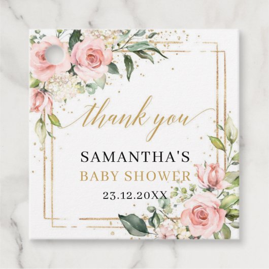 Elegant boho blush roze rozen groen Baby shower Bedankjes Labels (Voorkant)