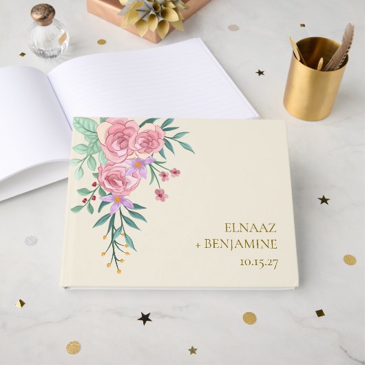 Elegant Boho Blush Roze Waterverf Bloemen Bruiloft Gastenboek (Voorkant open)
