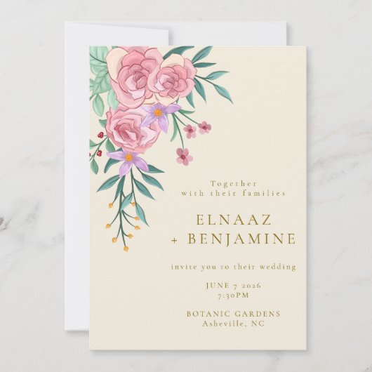 Elegant Boho Blush Roze Waterverf Bloemen Bruiloft Kaart (Voorkant)