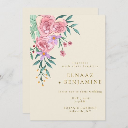 Elegant Boho Blush Roze Waterverf Bloemen Bruiloft Kaart (Voorkant / Achterkant)