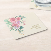 Elegant Boho Blush Roze Waterverf Bloemen Bruiloft Kartonnen Onderzetters (Schuin)