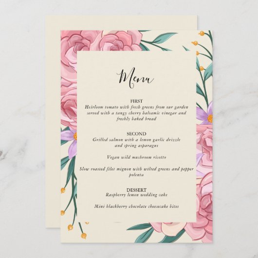 Elegant Boho Blush Roze Waterverf Bloemen Bruiloft Menu (Voorkant / Achterkant)
