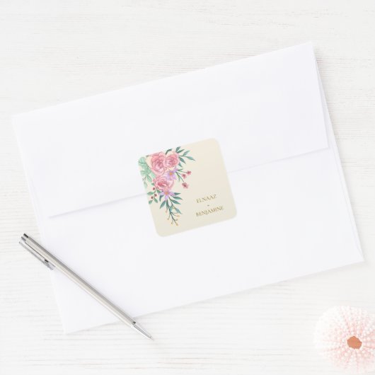 Elegant Boho Blush Roze Waterverf Bloemen Bruiloft Vierkante Sticker (Envelop)