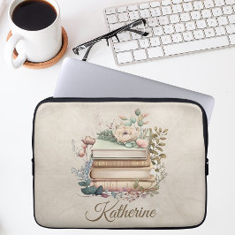 Elegant Boho Book Stack Floral  Name Laptop Sleeve
