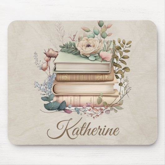 Elegant Boho Book Stack Floral  Name Muismat (Voorkant)