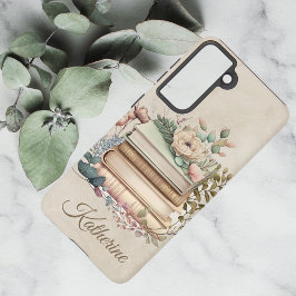 Elegant Boho Book Stack Floral  Name Samsung Galaxy Hoesje