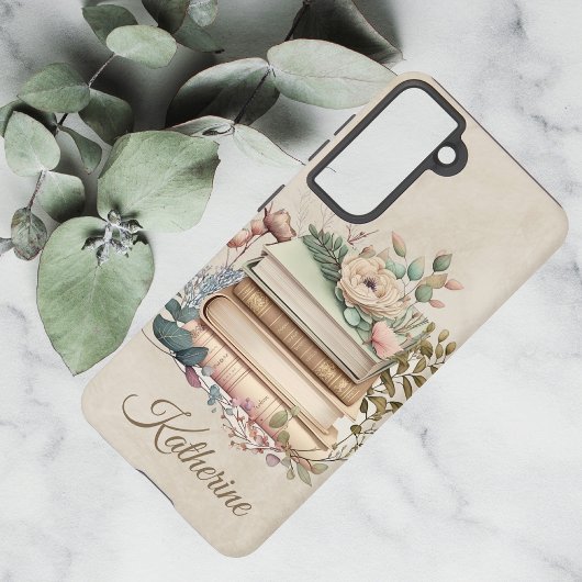 Elegant Boho Book Stack Floral  Name Samsung Galaxy Hoesje