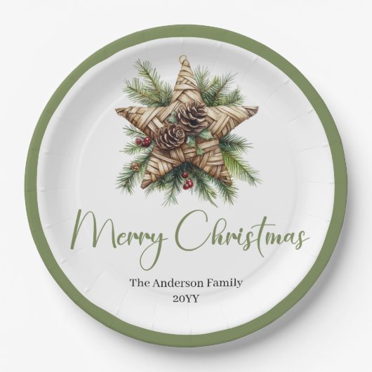 Elegant Boho Botanical Christmas Tree Dinner Plate Papieren Bordje (Voorkant)