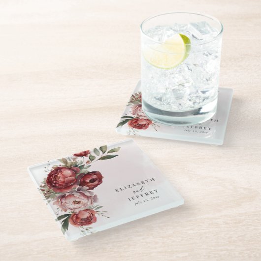 Elegant Boho Bourgondië Blush Bloemen Bruiloft Glazen Onderzetter (Schuin)