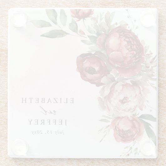 Elegant Boho Bourgondië Blush Bloemen Bruiloft Glazen Onderzetter (Achterkant)