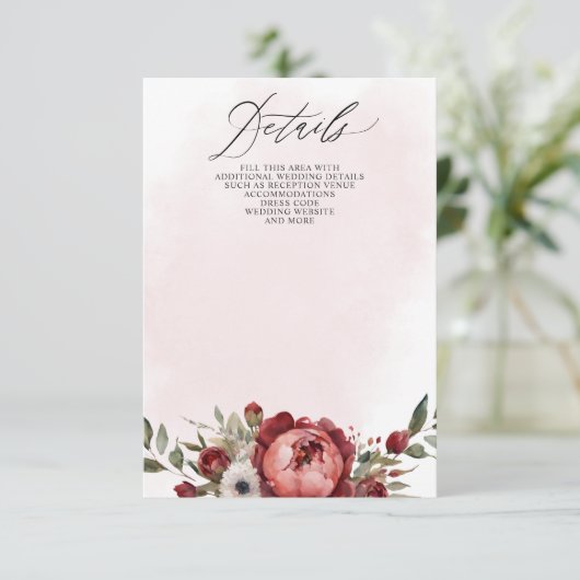 Elegant Boho Bourgondië Blush Bloemen Bruiloft Informatiekaartje (Staand voorkant)