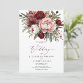 Elegant Boho Bourgondië Blush Bloemen Bruiloft Kaart (Staand voorkant)