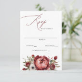 Elegant Boho Bourgondië Blush Bloemen Bruiloft RSVP Kaartje (Staand voorkant)