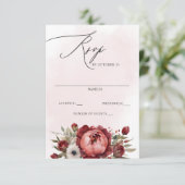 Elegant Boho Bourgondië Blush Bloemen Bruiloft RSVP Kaartje (Staand voorkant)