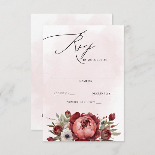 Elegant Boho Bourgondië Blush Bloemen Bruiloft RSVP Kaartje (Voorkant / Achterkant)