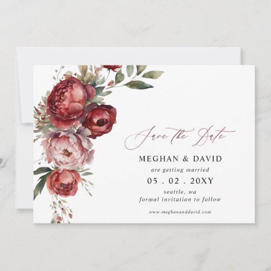 Elegant Boho Bourgondië Blush Bloemen Bruiloft Save The Date (Voorkant)