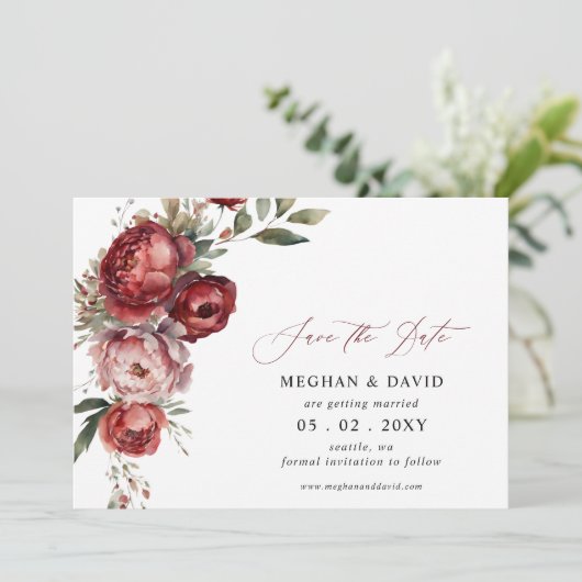 Elegant Boho Bourgondië Blush Bloemen Bruiloft Save The Date (Staand voorkant)