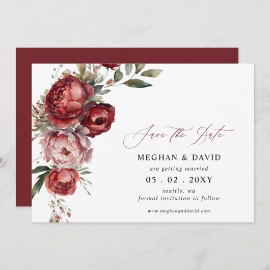Elegant Boho Bourgondië Blush Bloemen Bruiloft Save The Date (Voorkant / Achterkant)