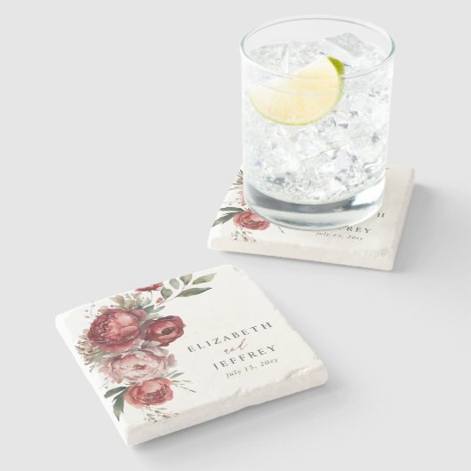 Elegant Boho Bourgondië Blush Bloemen Bruiloft Stenen Onderzetter (Zijkant)