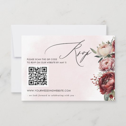 Elegant Boho Bourgondië Blush Bloemen QR CODE RSVP Kaartje (Voorkant)
