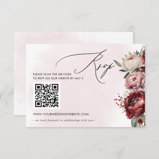 Elegant Boho Bourgondië Blush Bloemen QR CODE RSVP Kaartje (Voorkant / Achterkant)