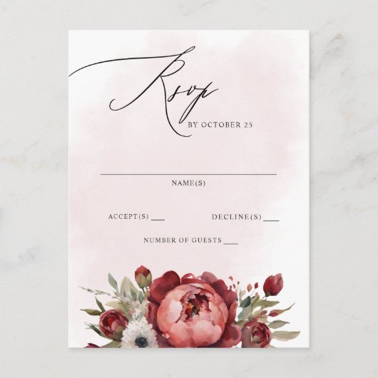 Elegant Boho Bourgondië Blush Bloemen RSVP Briefkaart (Voorkant)