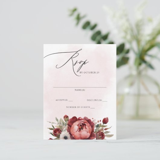 Elegant Boho Bourgondië Blush Bloemen RSVP Briefkaart (Staand voorkant)