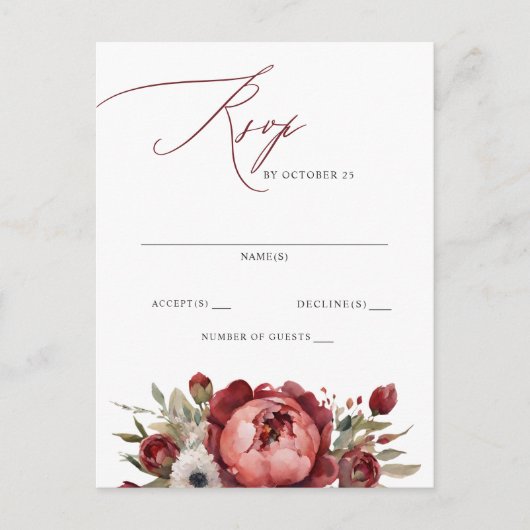 Elegant Boho Bourgondië Blush Bloemen RSVP Briefkaart (Voorkant)