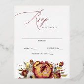 Elegant Boho Bourgondië Blush Bloemen RSVP Folie Uitnodiging Briefkaart (Voorkant)