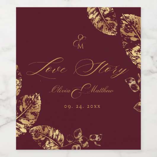 Elegant Boho | Bourgondische gouden herfstbruiloft Wijn Etiket (Enkel label)