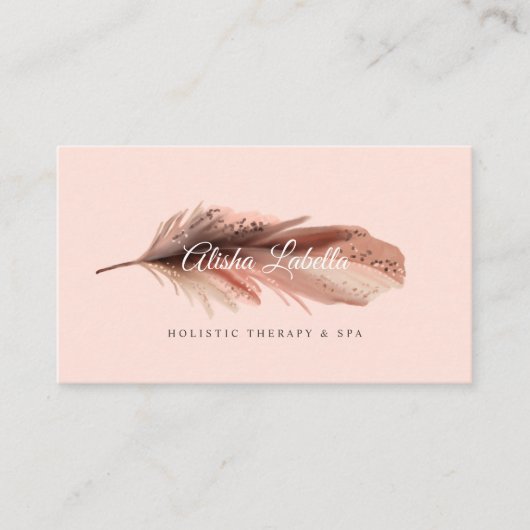 Elegant Boho Brown & Blush Pink Waterverf Feather Visitekaartje (Voorkant)