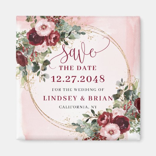 Elegant Boho Burgundy Blush Gold Floral Magnet (Voorkant)