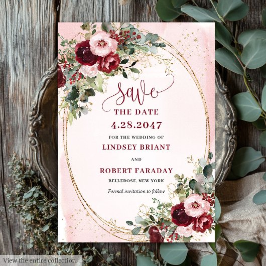 Elegant Boho Burgundy Blush Gold Floral Save Date Kaart
