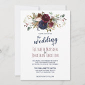 Elegant Boho Burgundy en Navy Blue Floral Wedding Kaart (Voorkant)
