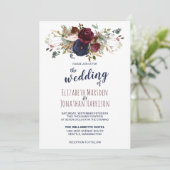 Elegant Boho Burgundy en Navy Blue Floral Wedding Kaart (Staand voorkant)