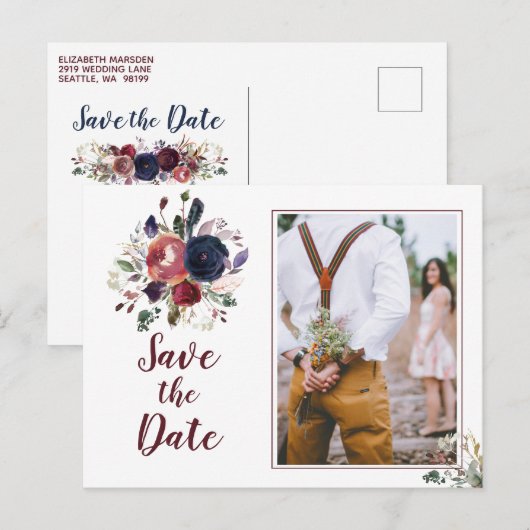 Elegant Boho Burgundy en Navy Blue Floral Wedding Uitnodiging Briefkaart (Voorkant / Achterkant)