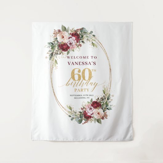 Elegant Boho Burgundy Eucalyptus 60th Birthday  Wandkleed (Voorkant)