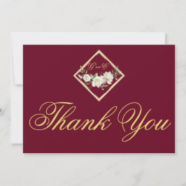 Elegant Boho Burgundy Floral Gold Wedding Monogram Bedankkaart