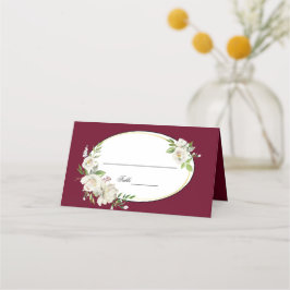 Elegant Boho Burgundy Floral Gold Wedding Monogram Plaatskaartje