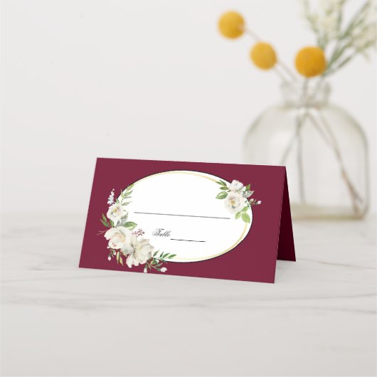 Elegant Boho Burgundy Floral Gold Wedding Monogram Plaatskaartje (Voorkant)