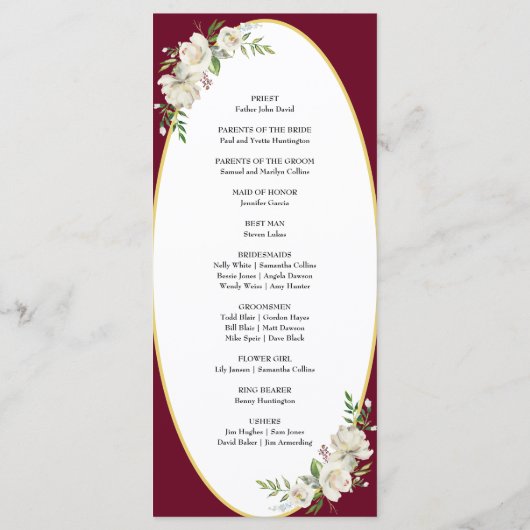 Elegant Boho Burgundy Floral Wedding Ceremony Programmakaart (Achterkant)
