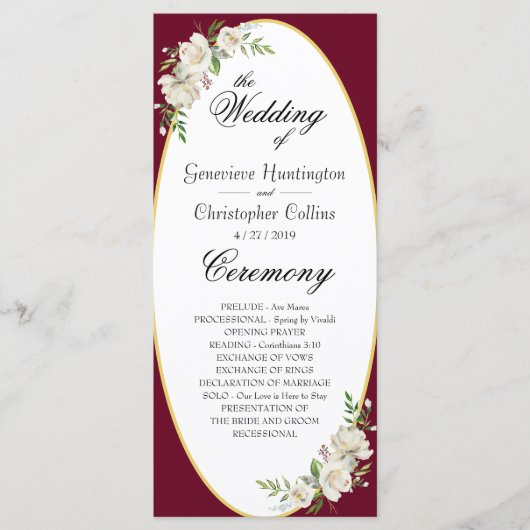 Elegant Boho Burgundy Floral Wedding Ceremony Programmakaart (Voorkant)
