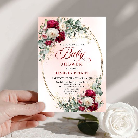 Elegant Boho Burgundy Gold Baby Shower Invitation Kaart