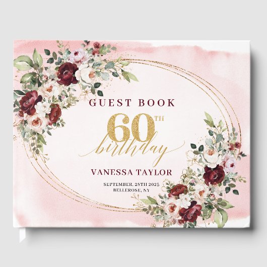 Elegant Boho Burgundy Gold Floral 60th Birthday Gastenboek (Voorkant)