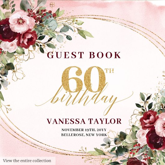 Elegant Boho Burgundy Gold Floral 60th Birthday Gastenboek