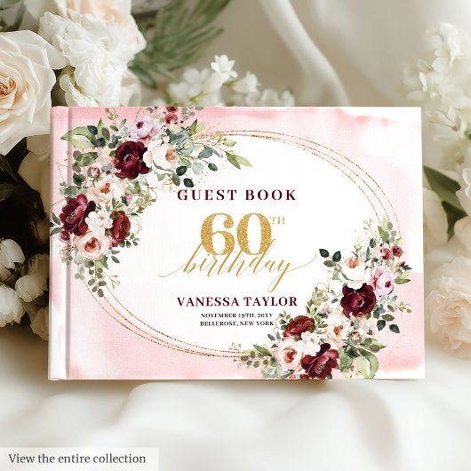 Elegant Boho Burgundy Gold Floral 60th Birthday Gastenboek