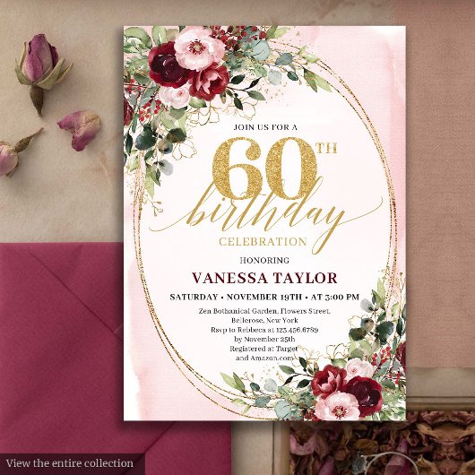Elegant Boho Burgundy Gold Floral 60th Birthday Kaart