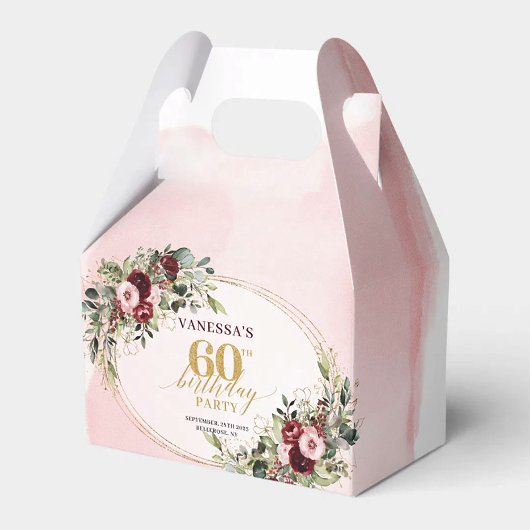 Elegant Boho Burgundy Gold Floral 60th Favor Box Bedankdoosjes