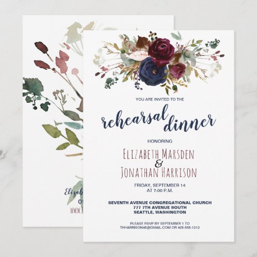 Elegant Boho Burgundy Navy Floral Rehearsal Dinner Kaart (Voorkant / Achterkant)