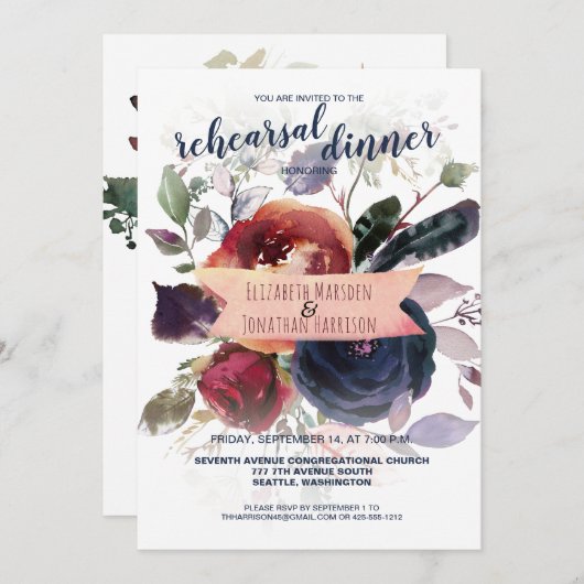 Elegant Boho Burgundy Navy Floral Rehearsal Dinner Kaart (Voorkant / Achterkant)